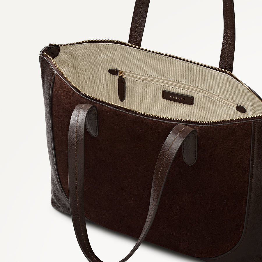 Wood Park Leather Large Ziptop Tote Bag in Dark Oak - 112636