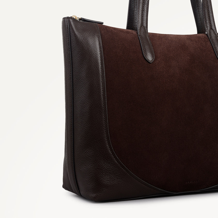 Wood Park Leather Large Ziptop Tote Bag in Dark Oak - 112636