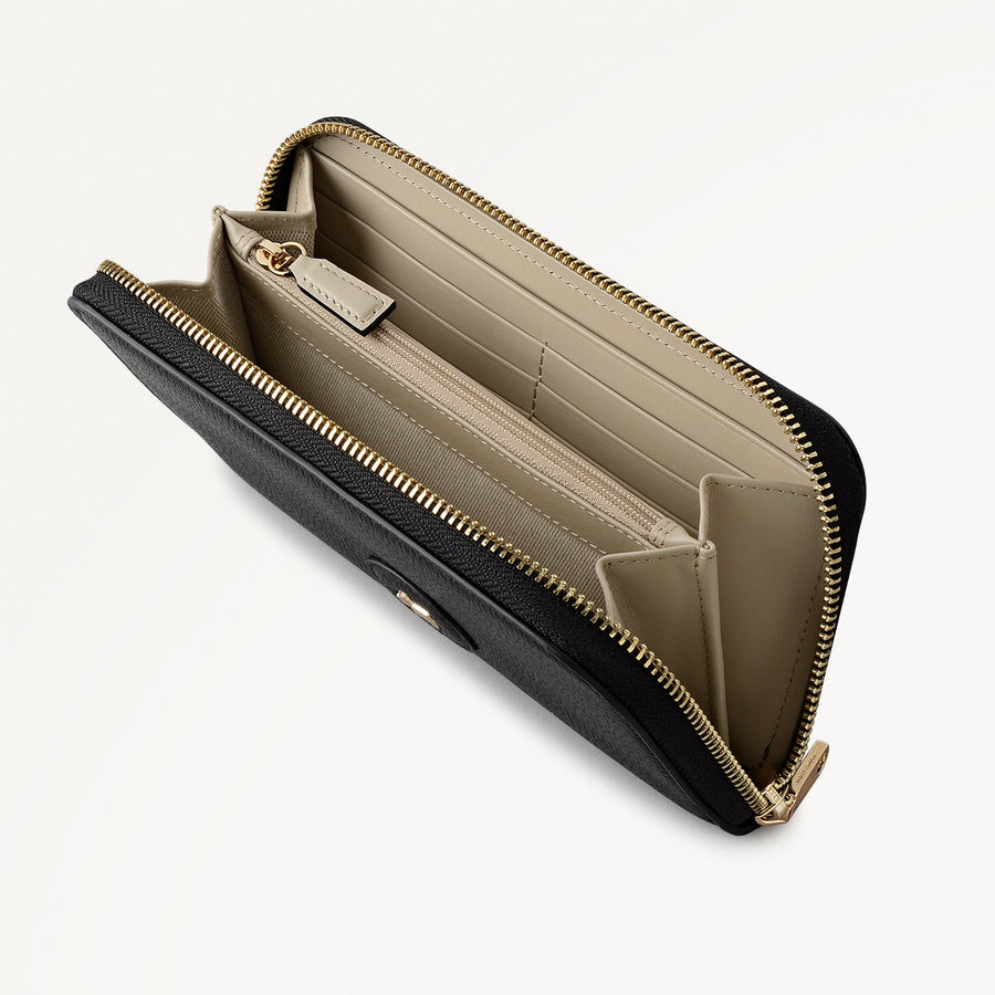 Heath Crescent Leather Large Zip Around Wallet in Black - 112671