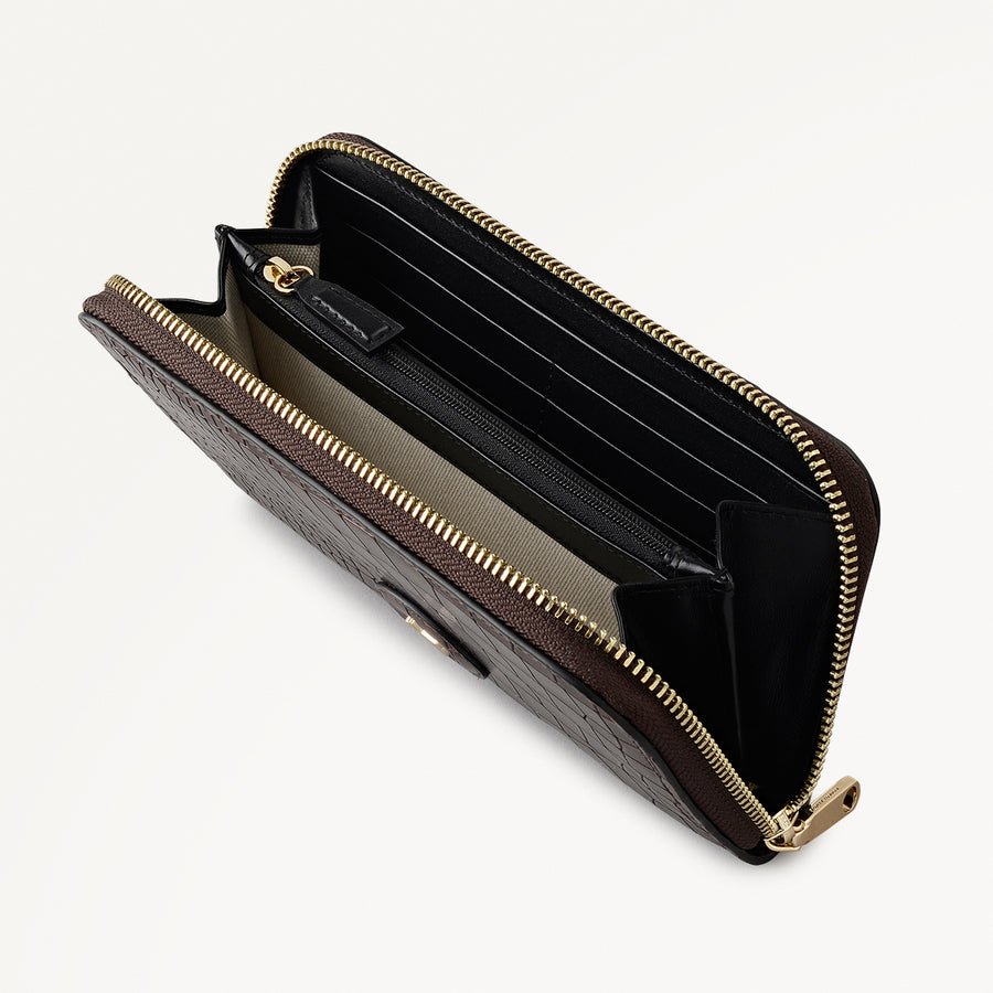 Heath Crescent Leather Large Zip Around Wallet in Dark Brown - 112675