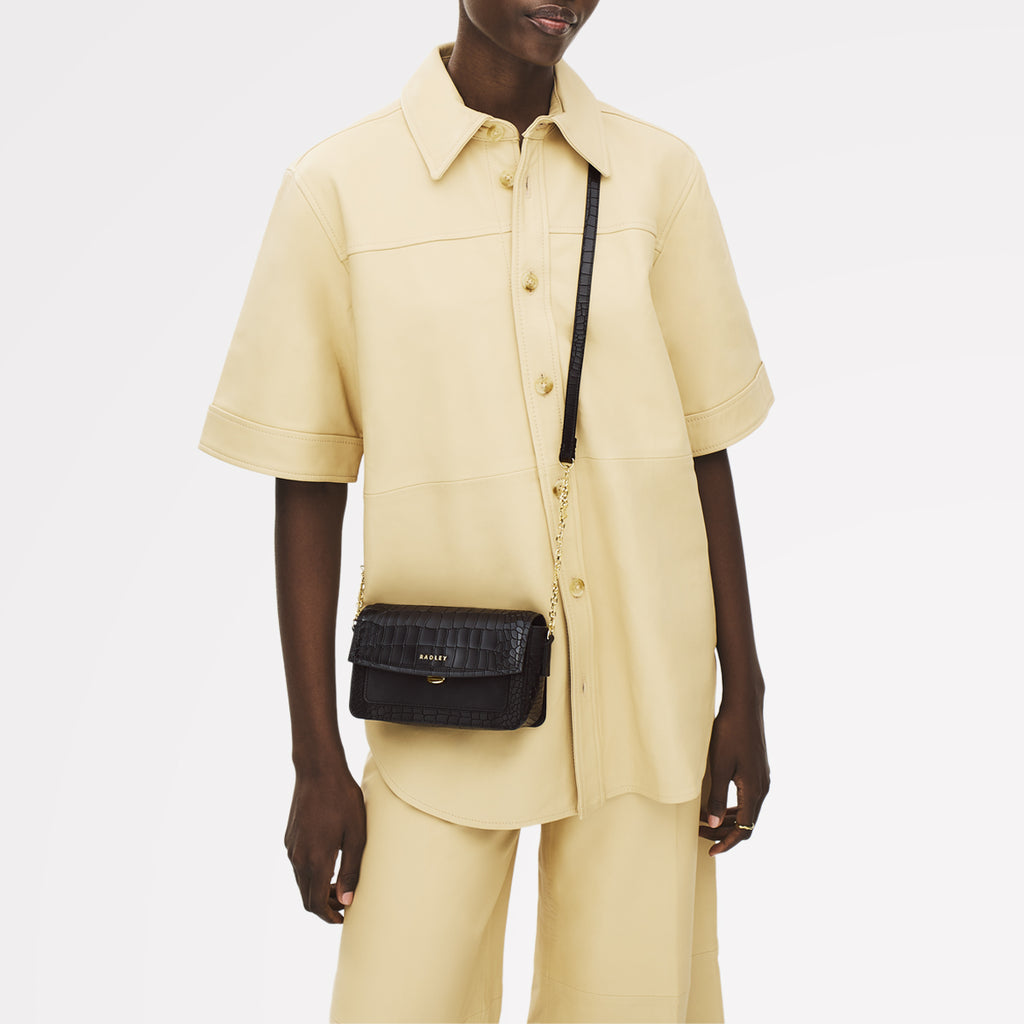 Albert Road Leather Mini Flapover Cross Body Bag in Black - 112738