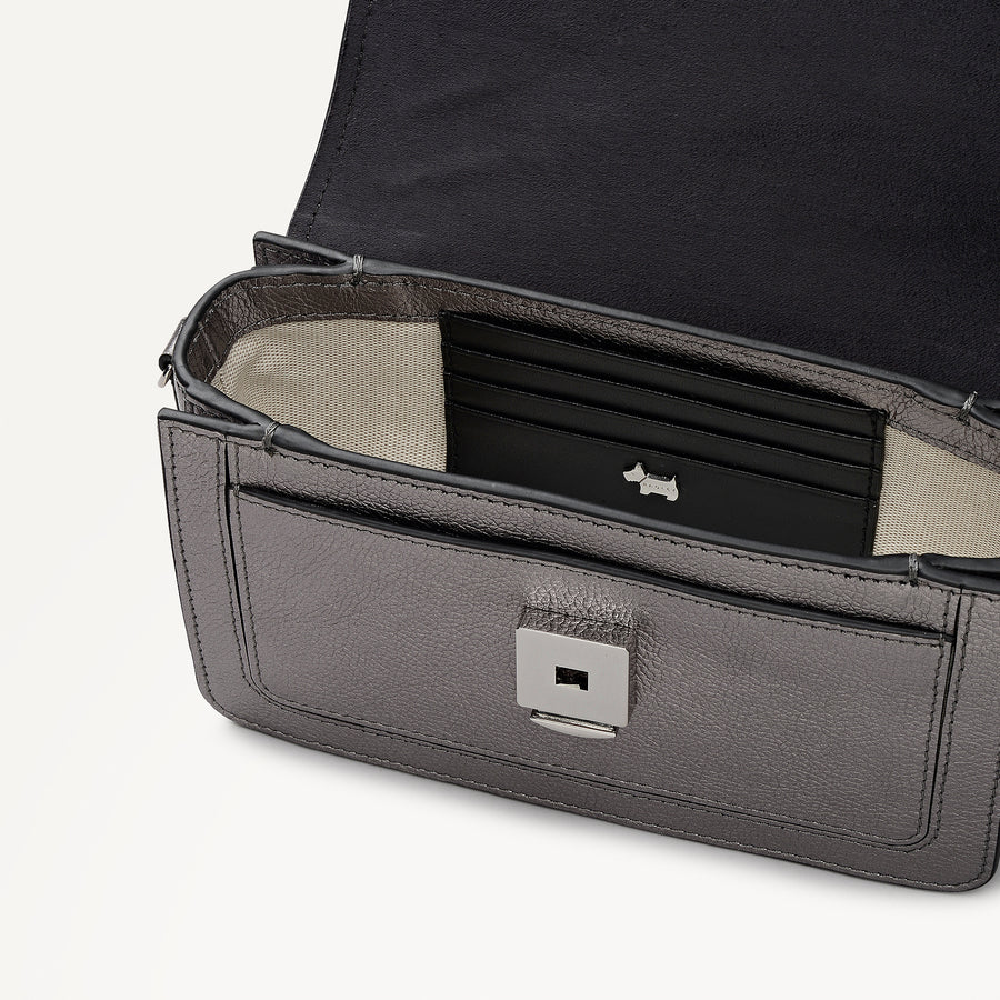 Albert Road Leather Mini Flapover Cross Body Bag in Gun Metal - 112739