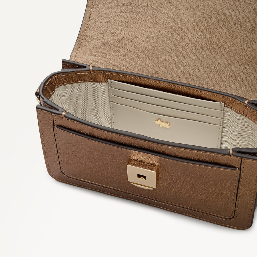 Albert Road Leather Mini Flapover Cross Body Bag in Olive Gold - 112740