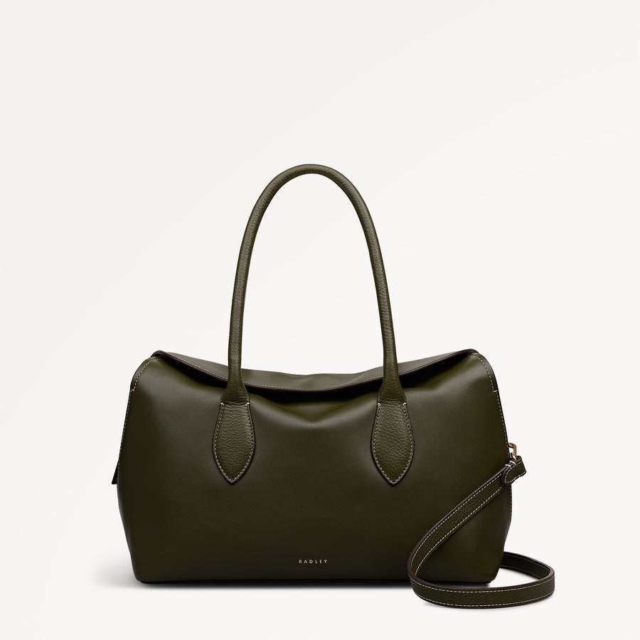 Liverpool Gardens Leather Medium Ziptop Grab Bag in Pine Needle - 112749