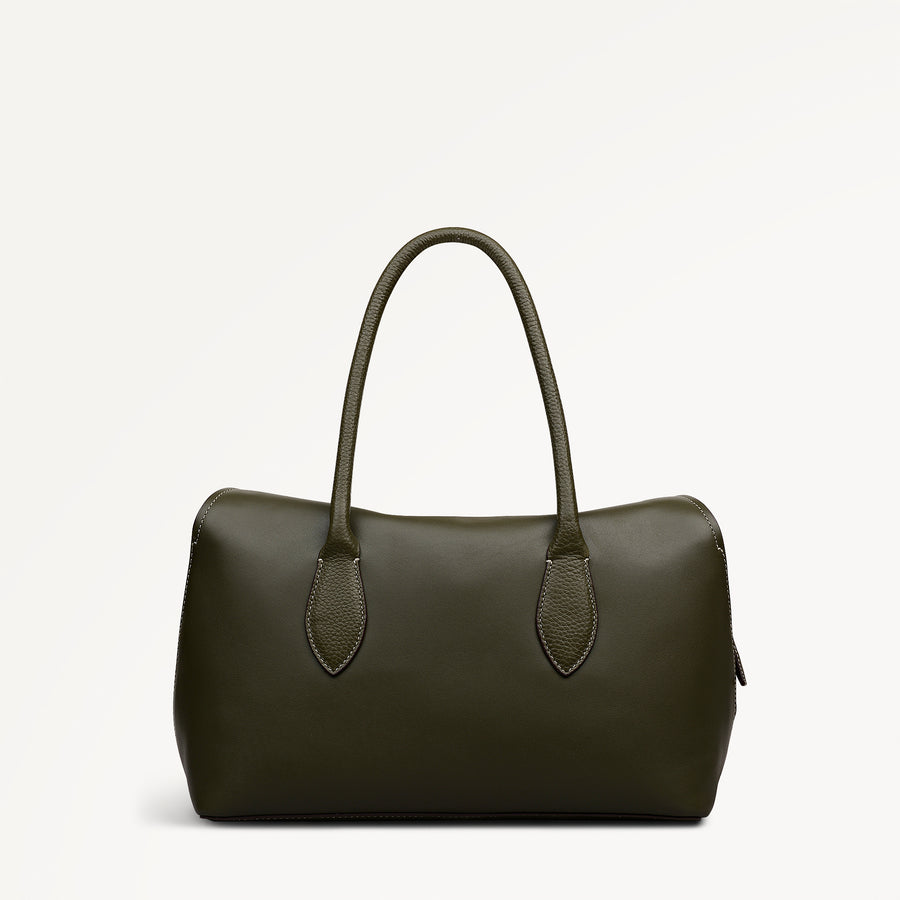 Liverpool Gardens Leather Medium Ziptop Grab Bag in Pine Needle - 112749