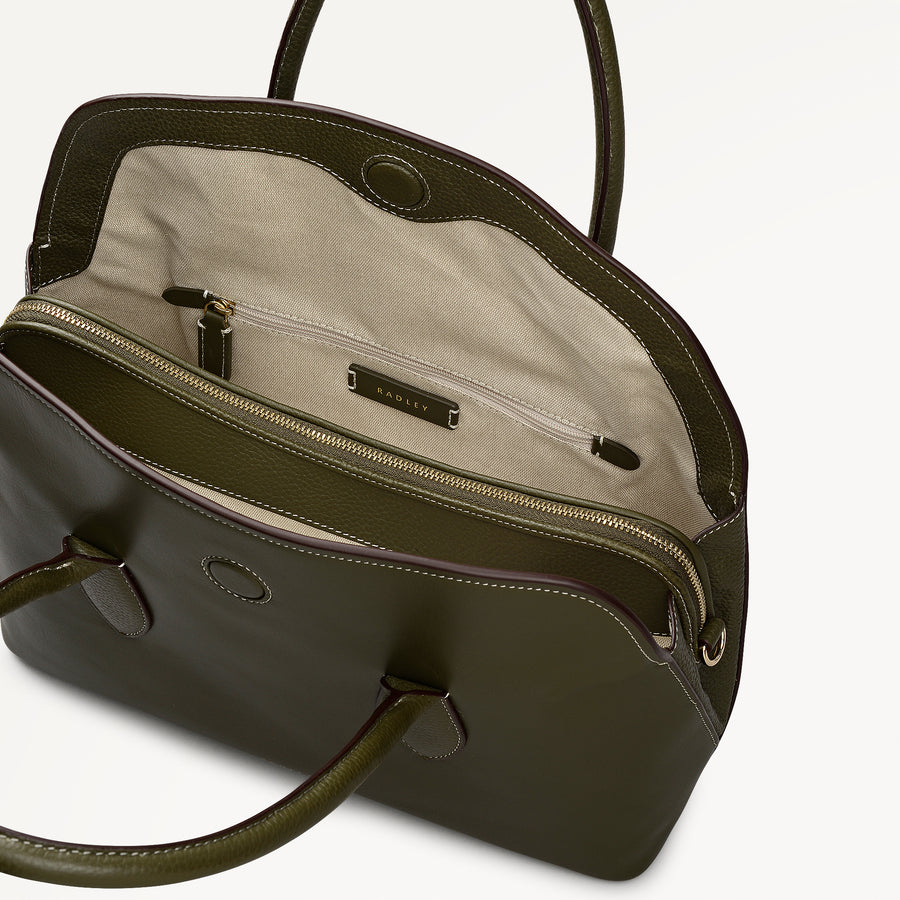 Liverpool Gardens Leather Medium Ziptop Grab Bag in Pine Needle - 112749