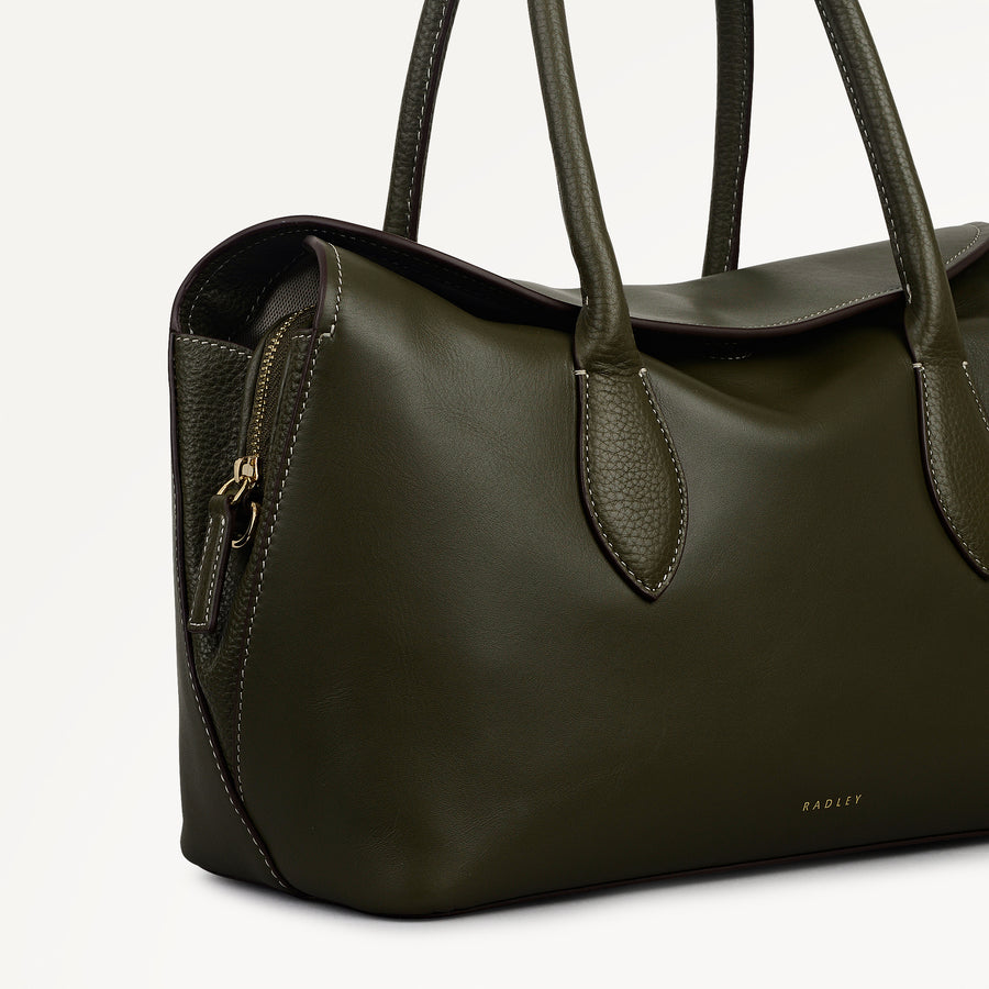 Liverpool Gardens Leather Medium Ziptop Grab Bag in Pine Needle - 112749