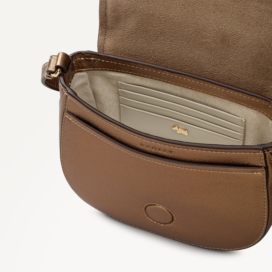 Liverpool Gardens Leather Mini Flapover Cross Body Bag in Olive Gold - 112755