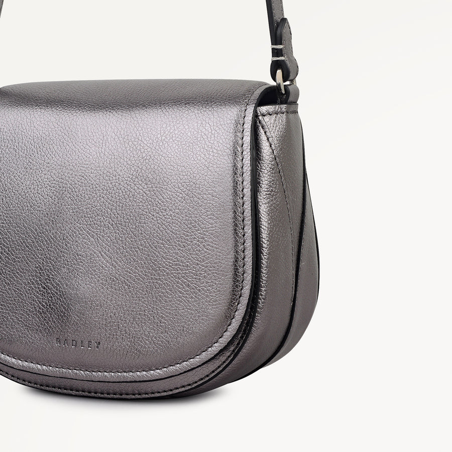 Liverpool Gardens Leather Mini Flapover Cross Body Bag in Gun Metal - 112756