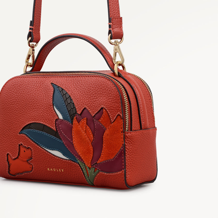 Nature Blooms Leather Small Ziptop Cross Body Bag in Flame - 112765