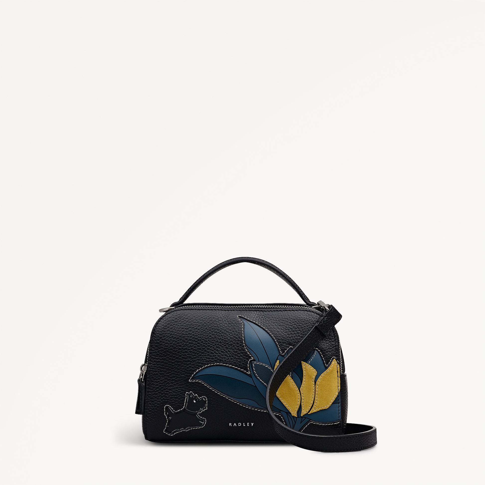 Nature Blooms Leather Small Ziptop Cross Body Bag in Black - 112766