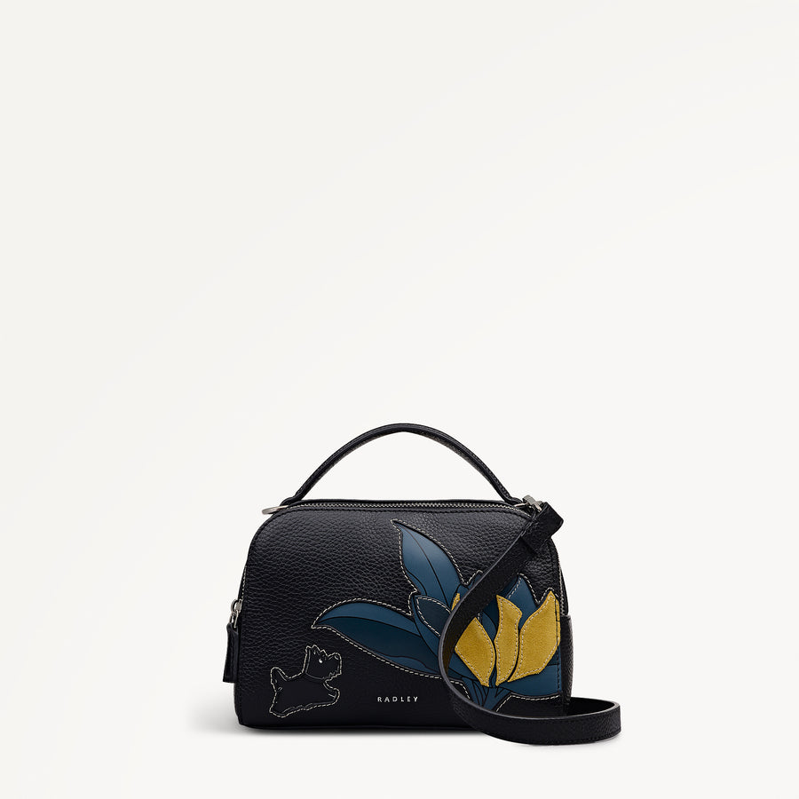 Nature Blooms Leather Small Ziptop Cross Body Bag in Black - 112766