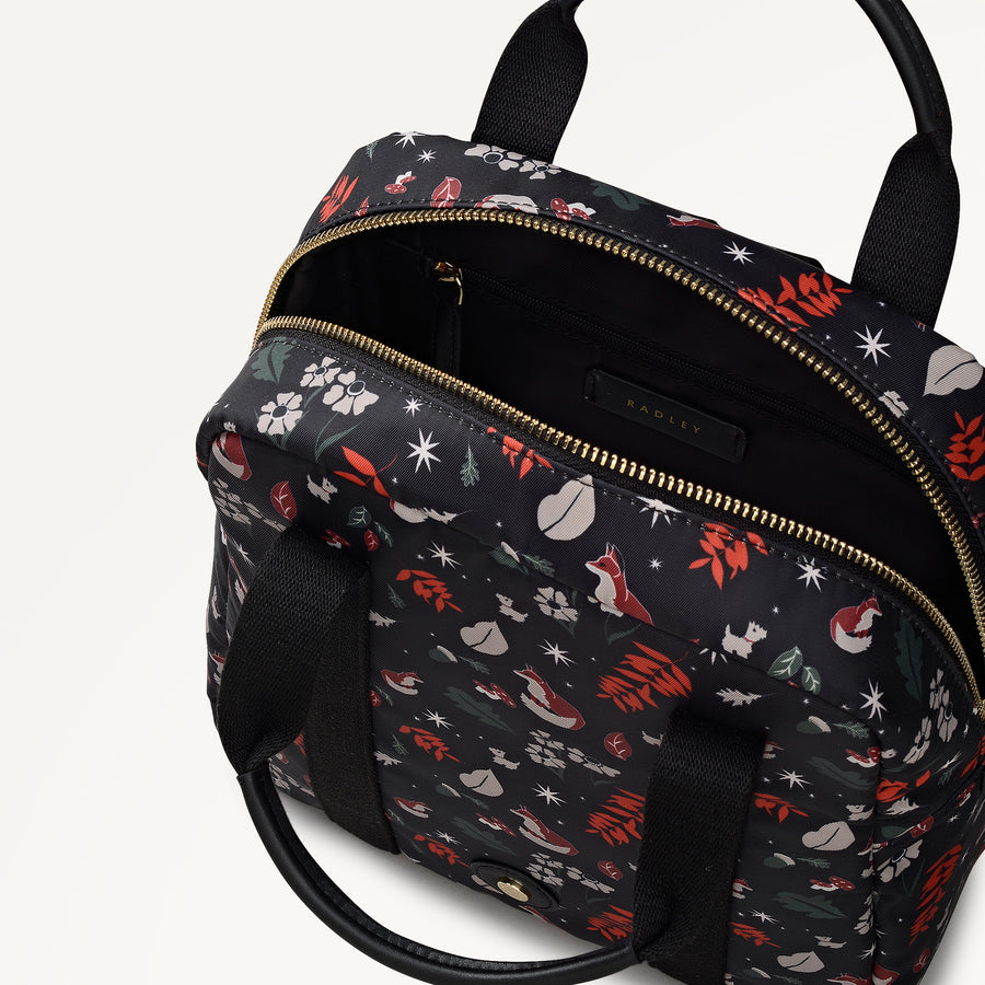 Holly Avenue Fox Fabric Small Ziptop Backpack in Black - 112771