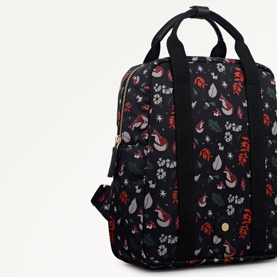 Holly Avenue Fox Fabric Small Ziptop Backpack in Black - 112771