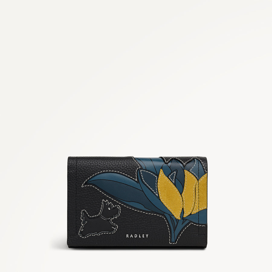 Nature Blooms Leather Medium Flapover Wallet in Black - 112850
