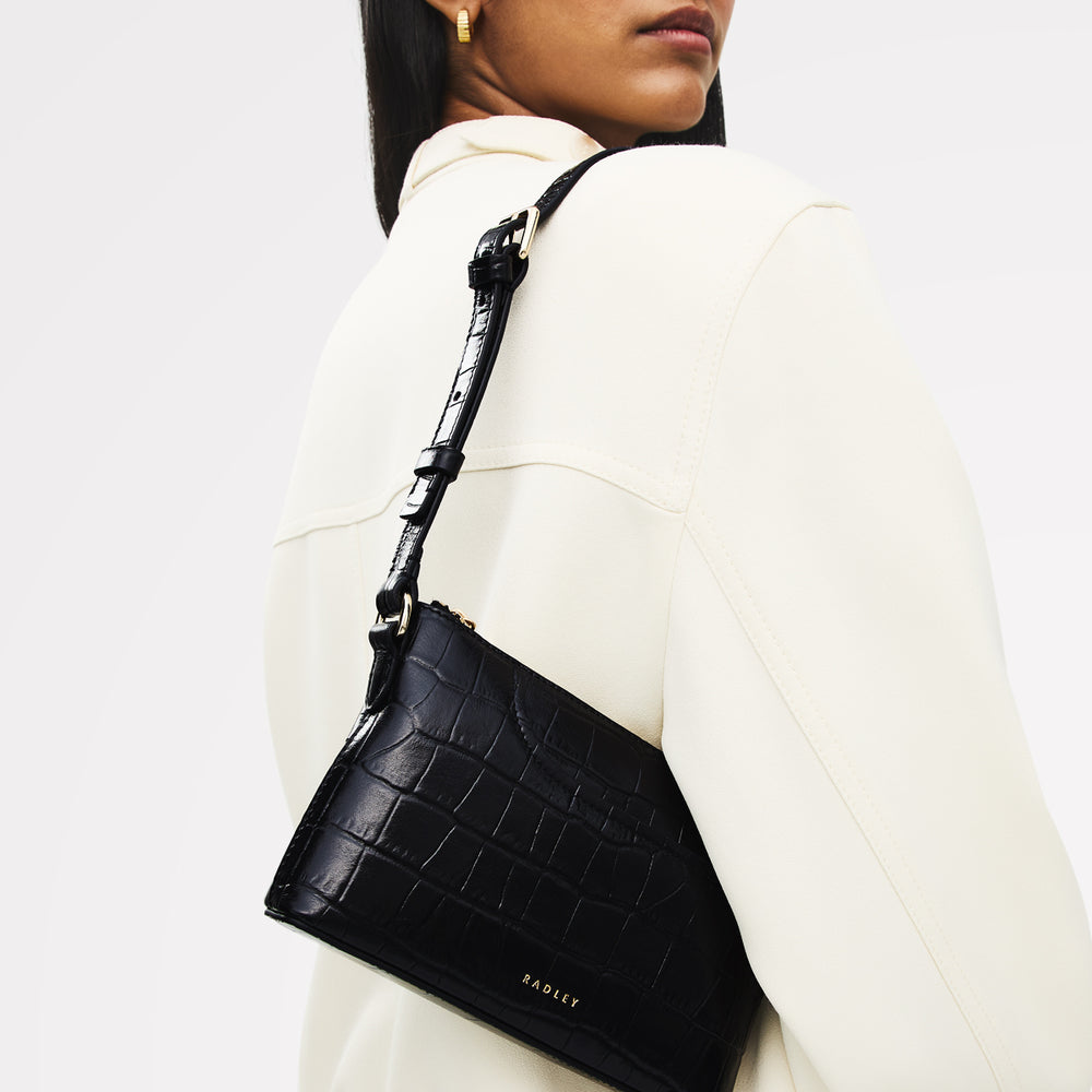 Pockets - Faux Croc Mini Ziptop EW Shoulder Black - 113027