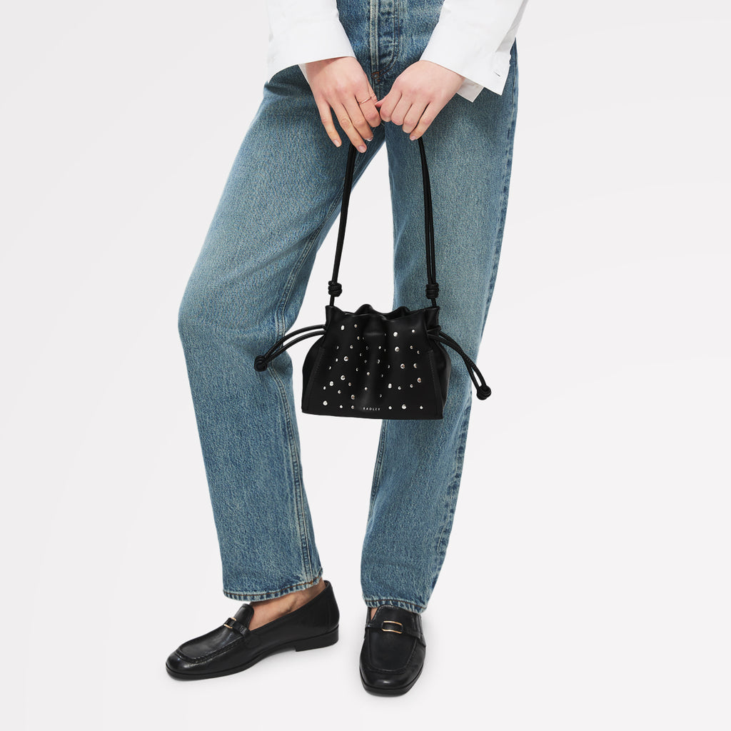 The Roxburgh - Stud Small Drawstring Cross Body Black - 113068