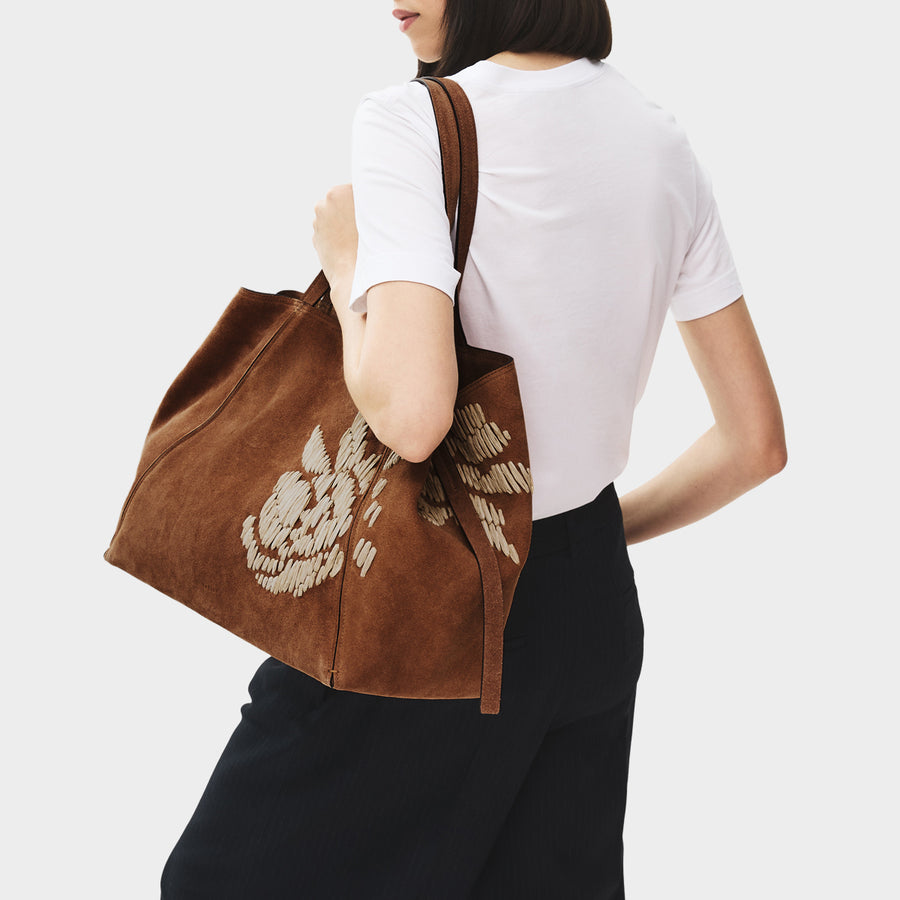 The Delphine - Floral Stitch Extra Large Open Top Tote Cognac - 113483