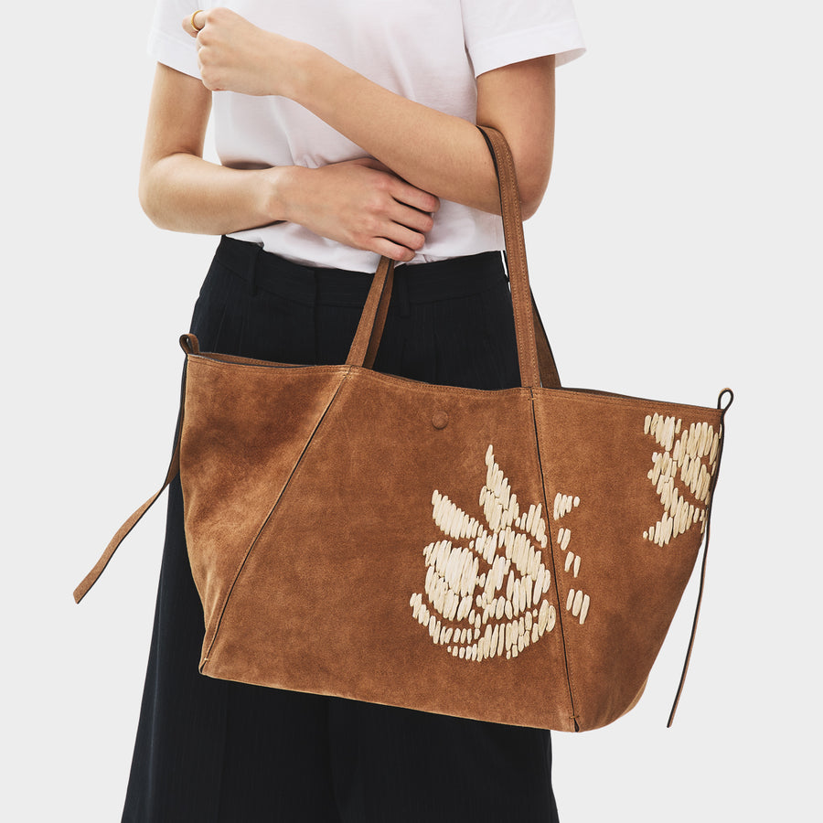 The Delphine - Floral Stitch Extra Large Open Top Tote Cognac - 113483