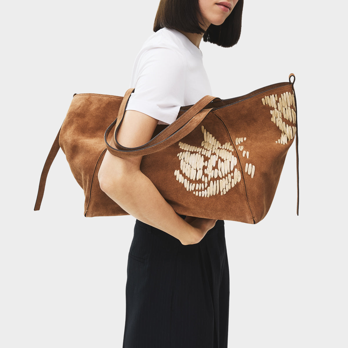 The Delphine - Floral Stitch Extra Large Open Top Tote Cognac - 113483