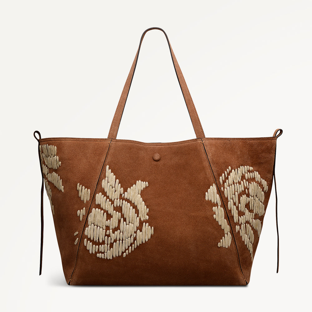 The Delphine - Floral Stitch Extra Large Open Top Tote Cognac - 113483
