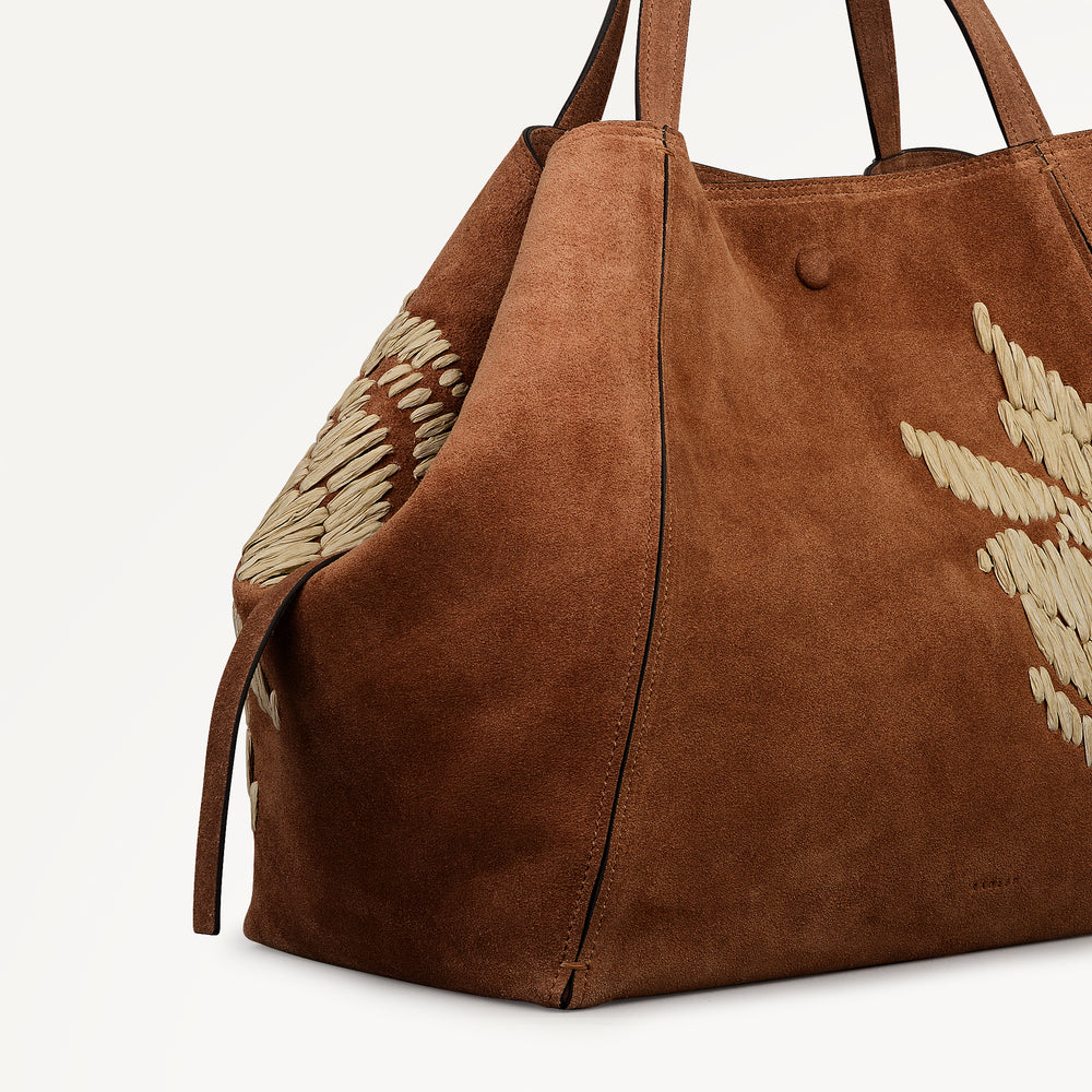 The Delphine - Floral Stitch Extra Large Open Top Tote Cognac - 113483