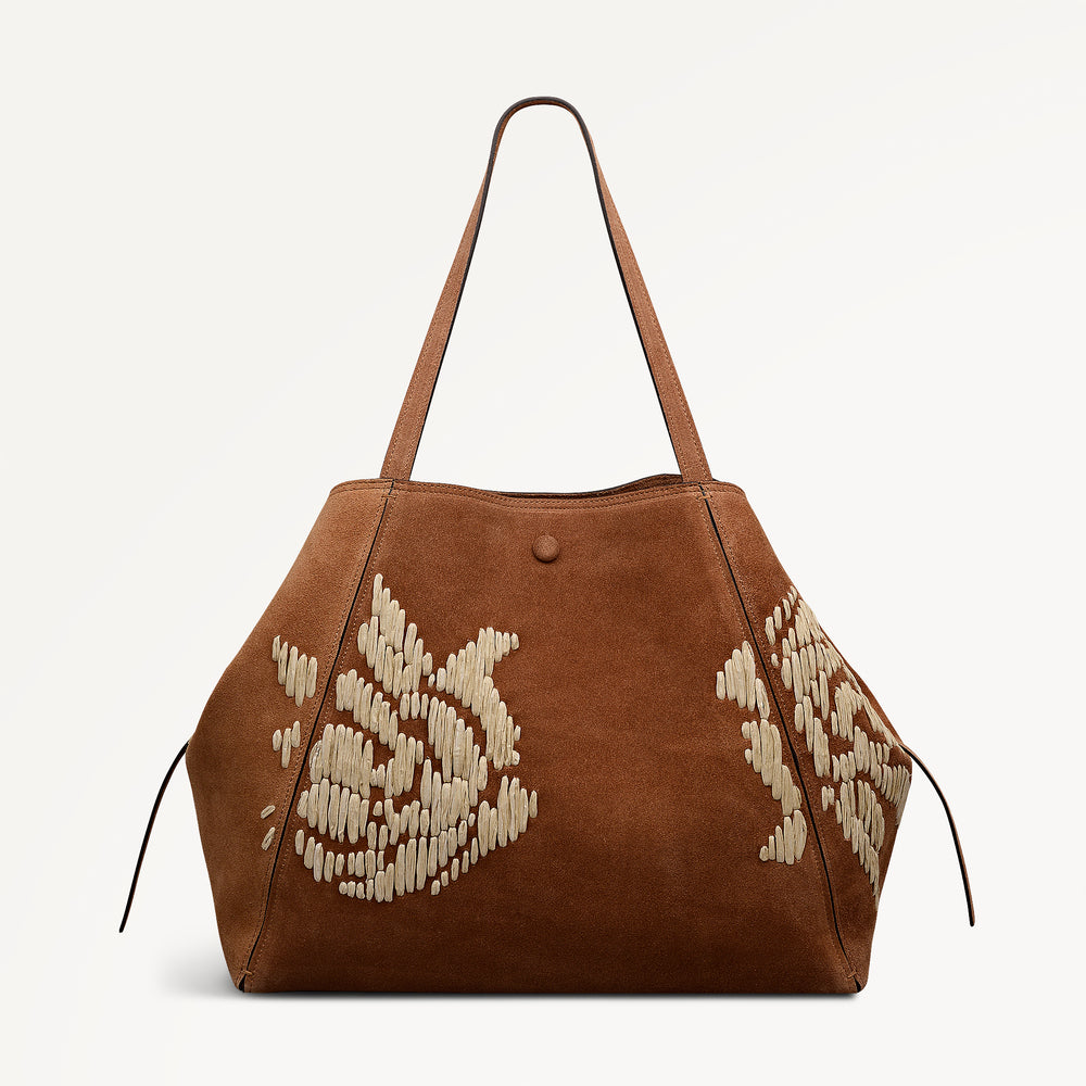 The Delphine - Floral Stitch Extra Large Open Top Tote Cognac - 113483
