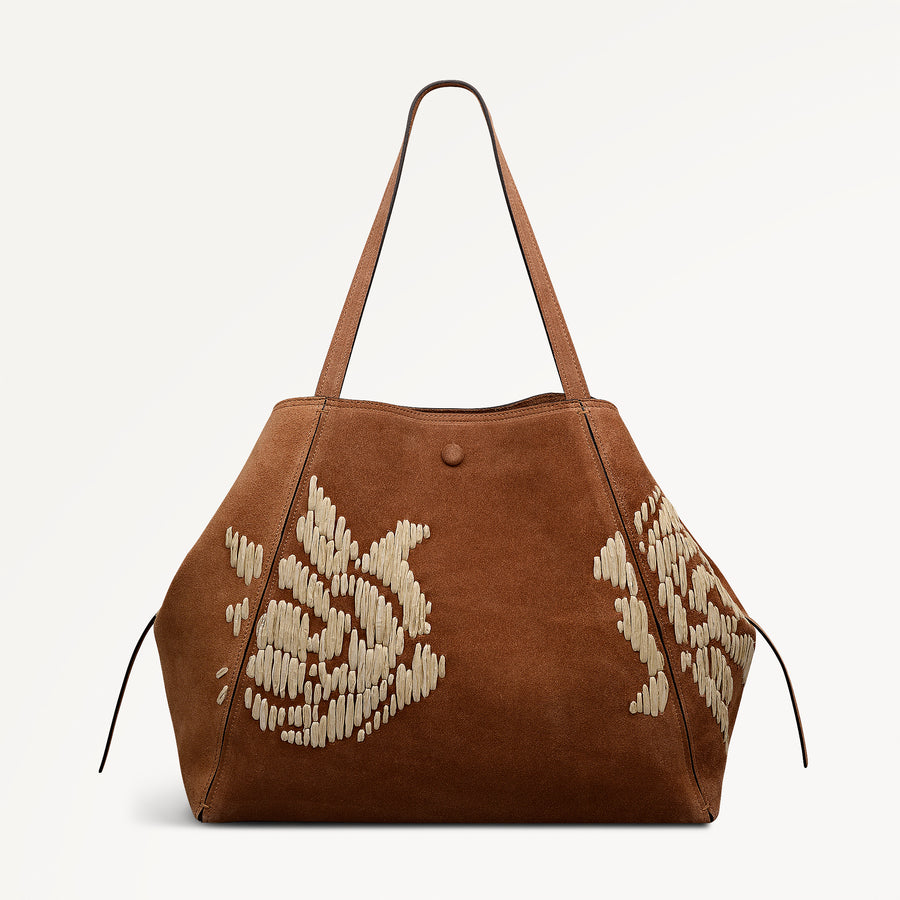 The Delphine - Floral Stitch Extra Large Open Top Tote Cognac - 113483