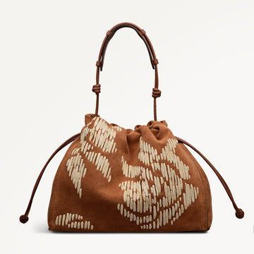 The Roxburgh - Floral Stitch Large Drawstring Shoulder Cognac - 113484