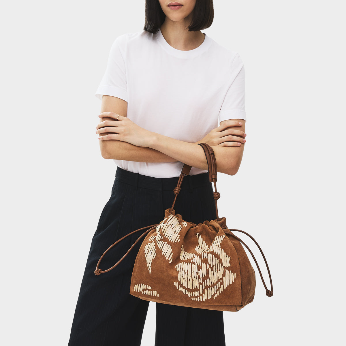 The Roxburgh - Floral Stitch Large Drawstring Shoulder Cognac - 113484