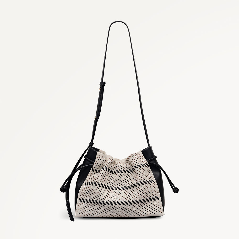 The Roxburgh - Perforated Medium Drawstring Cross Body Black - 113509