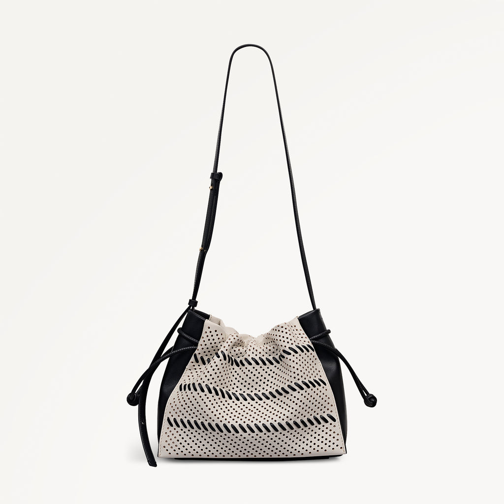 The Roxburgh - Perforated Medium Drawstring Cross Body Black - 113509
