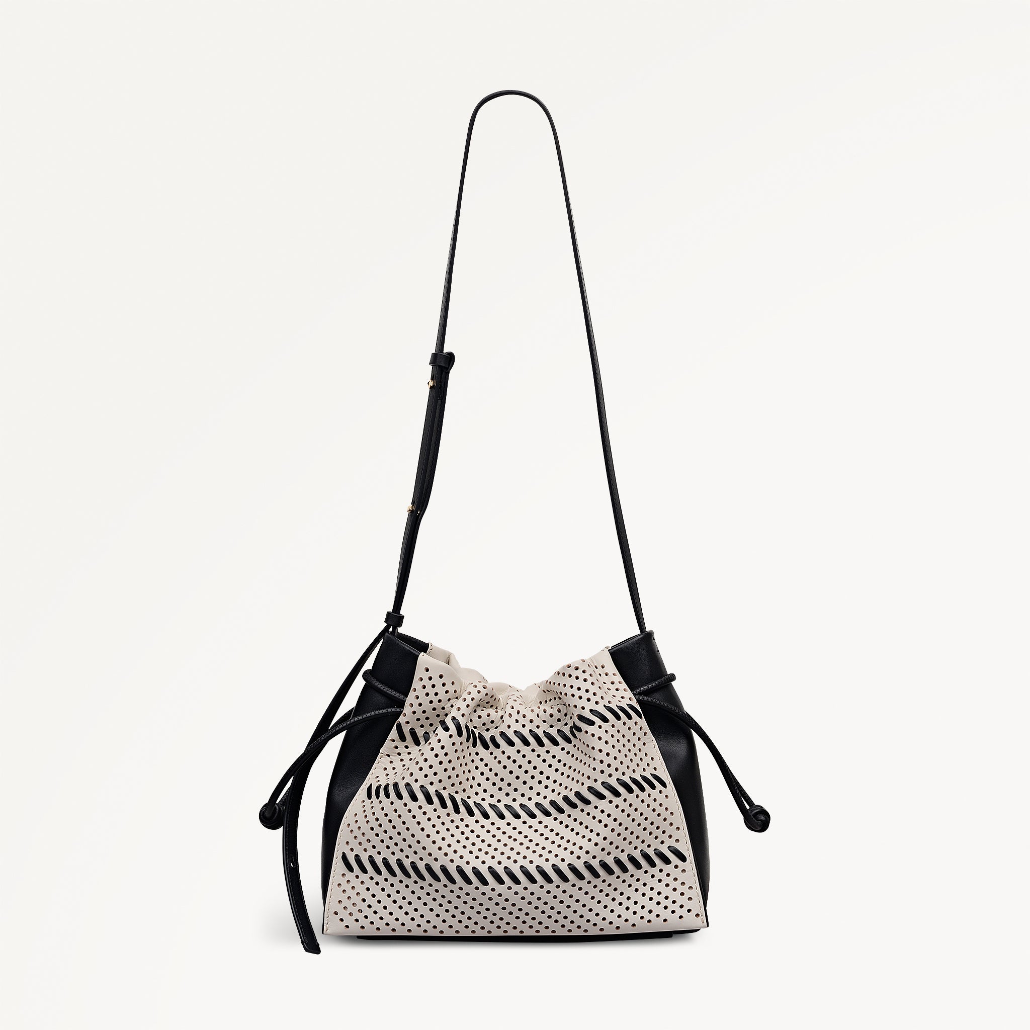 The Roxburgh - Perforated Medium Drawstring Cross Body Black - 113509