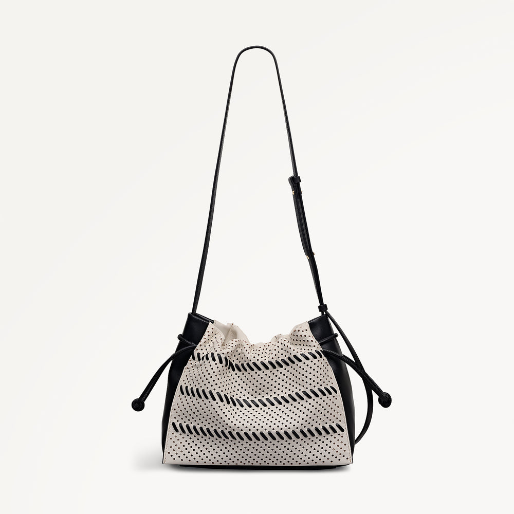 The Roxburgh - Perforated Medium Drawstring Cross Body Black - 113509