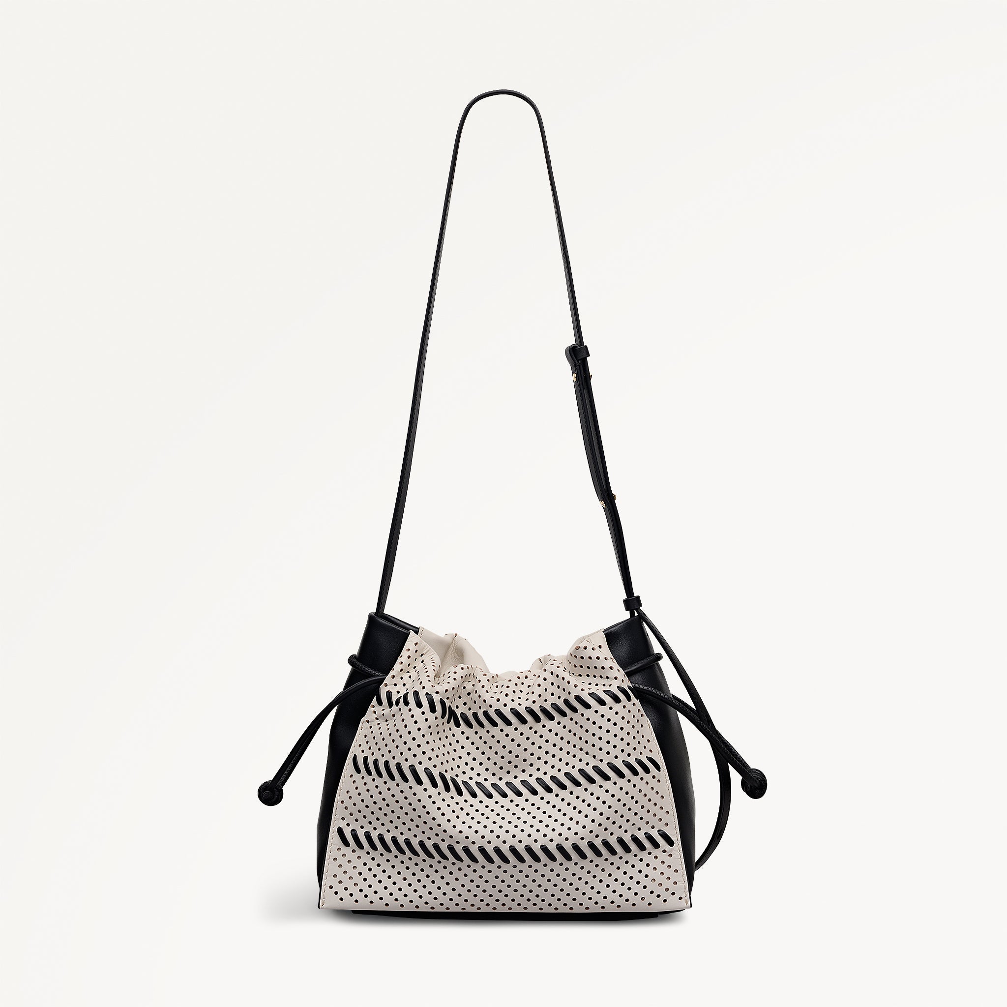 The Roxburgh - Perforated Medium Drawstring Cross Body Black - 113509