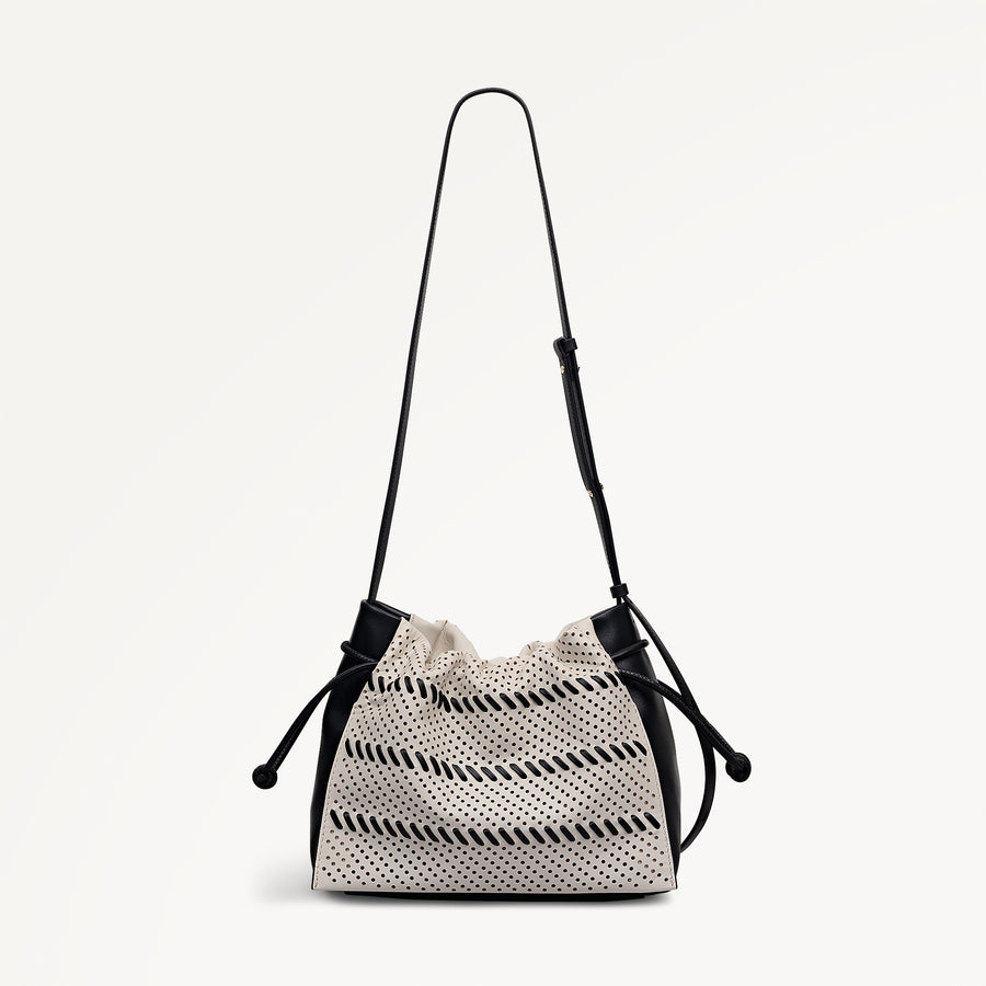 The Roxburgh - Perforated Medium Drawstring Cross Body Black - 113509