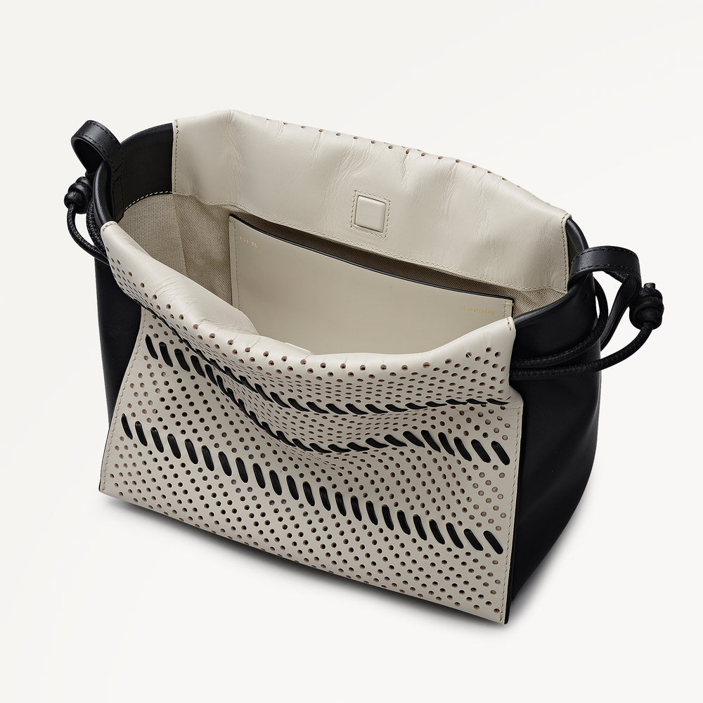 The Roxburgh - Perforated Medium Drawstring Cross Body Black - 113509