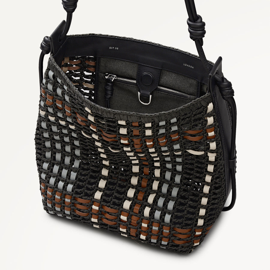 The Camden - Raffia Check Medium Open Top Shoulder Black - 113513