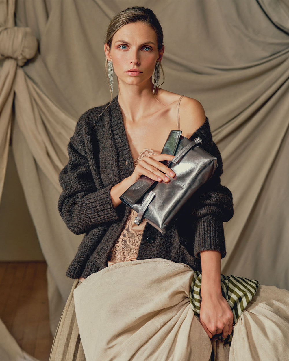 Fleet Street Leather Medium Flapover Clutch Bag in Silver - 112307