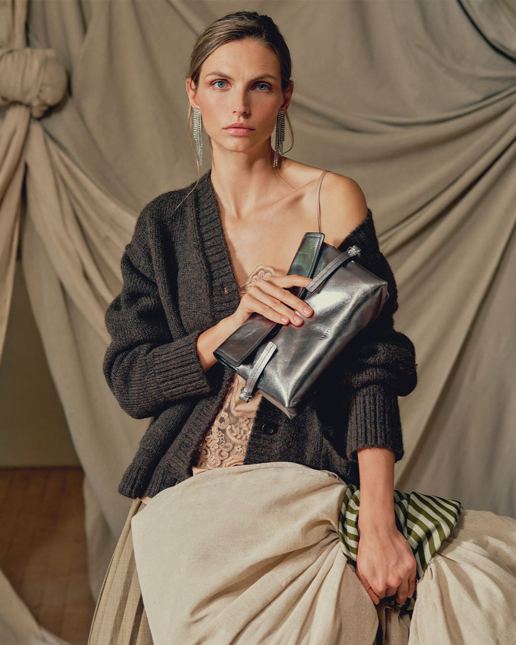 Fleet Street Leather Medium Flapover Clutch Bag in Silver - 112307