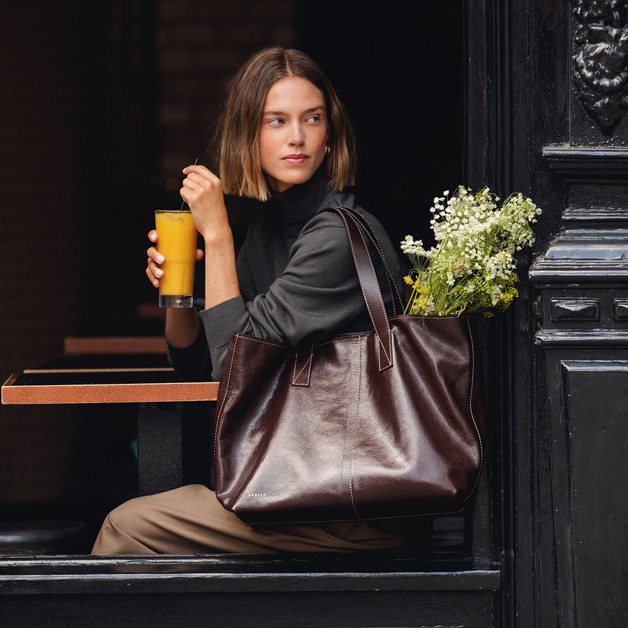 Broadway Market Leather Large Open Top Tote Bag in Dark Oak - 112280