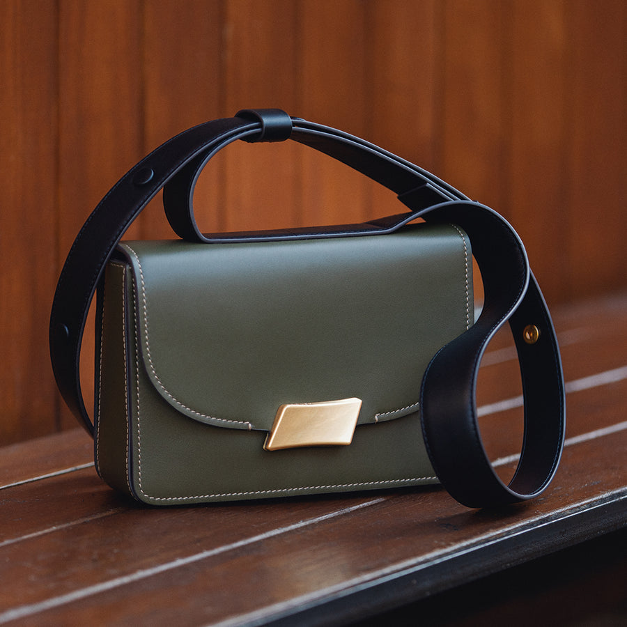 The Belsize Leather Small Flapover Shoulder Bag in Pine Needle - 112264