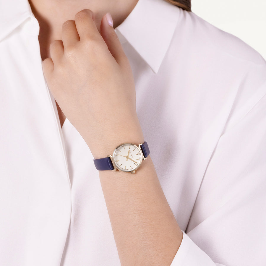 Roman Crescent T-Bar Leather Strap Watch Ink - RY21894