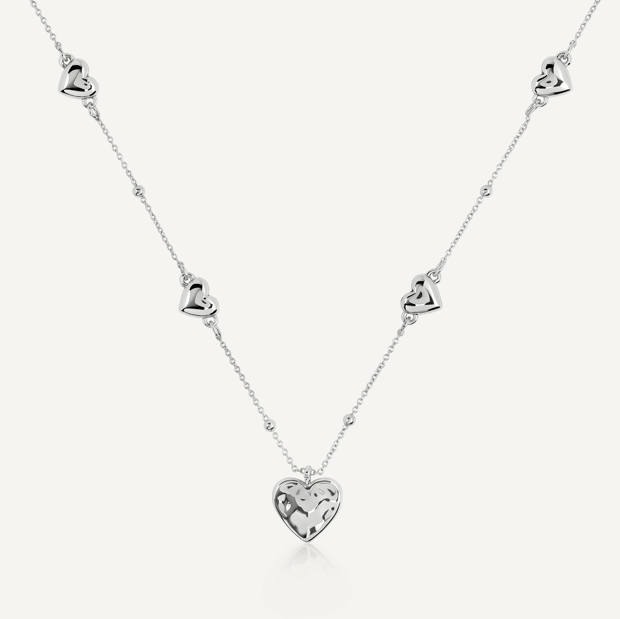 Heart Street Hammered Multi Heart Charm Nec Silver - RYJ2553S