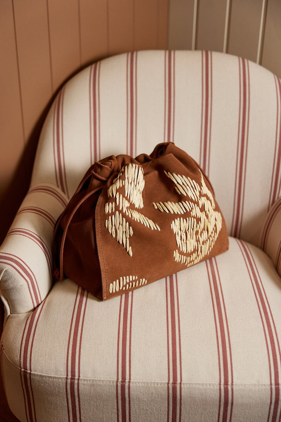 The Roxburgh - Floral Stitch Large Drawstring Shoulder Cognac - 113484