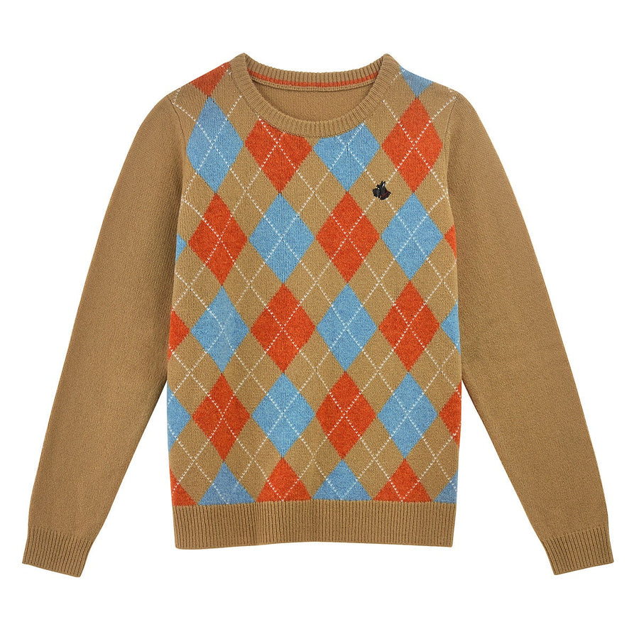 HARLEQUIN STREET ARGYLE JUMPER WITH DOG EMBROID CAMEL
