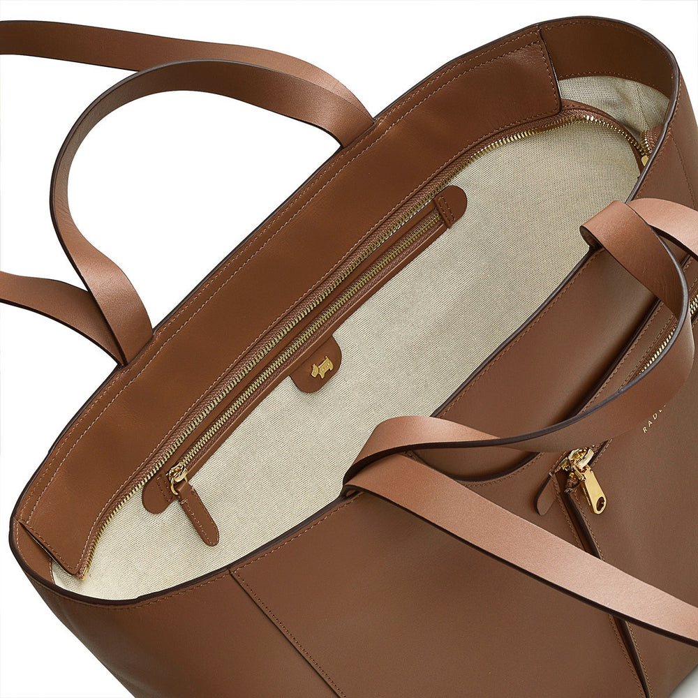 Pockets Leather Large Ziptop Tote Bag in Saddle - H2047211