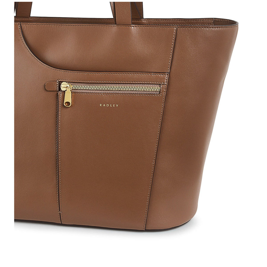 Pockets Leather Large Ziptop Tote Bag in Saddle - H2047211