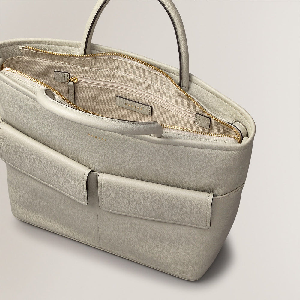 Brompton Crescent Leather Medium Ziptop Grab Bag in Pumice - H232865