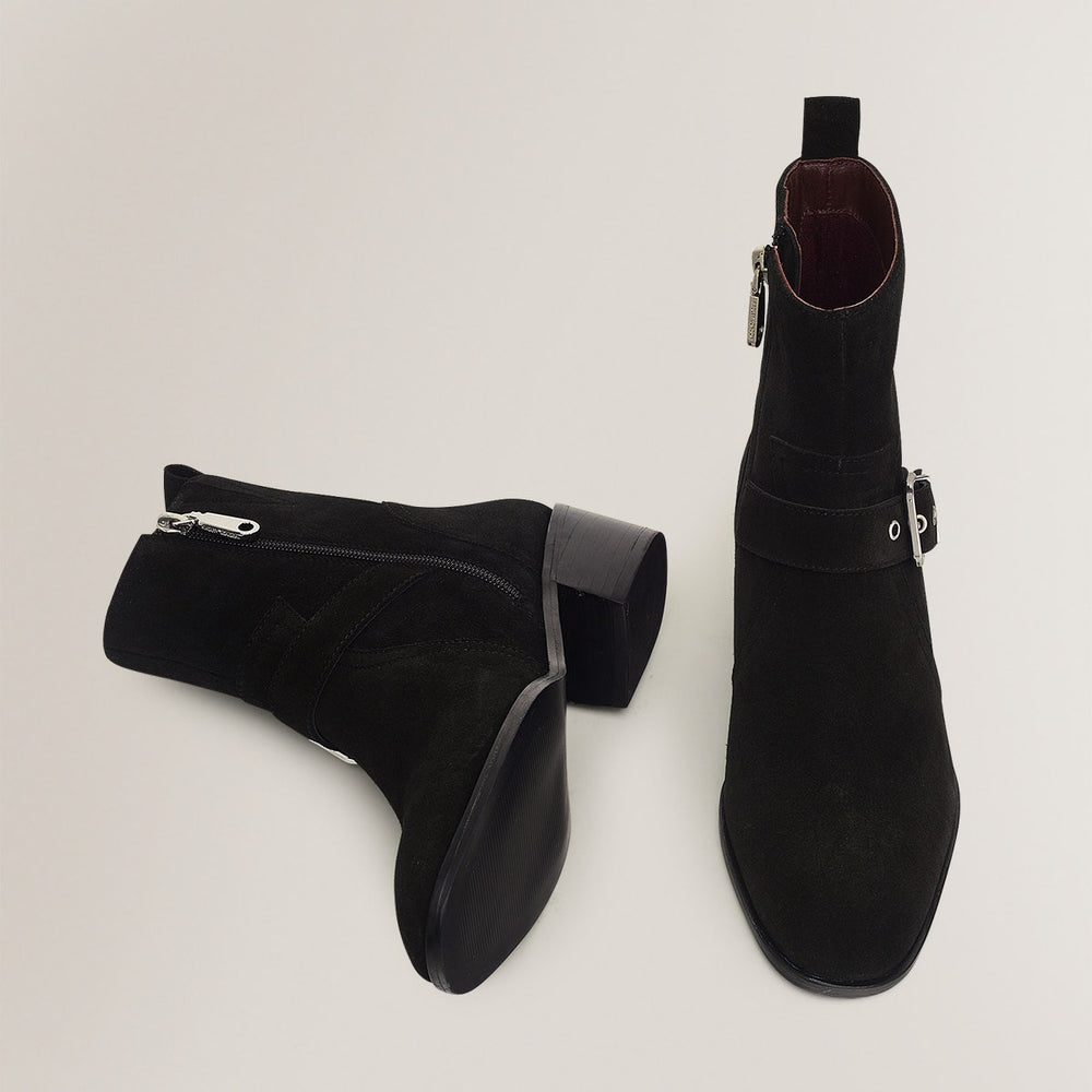 MAYFLOWER LANE BUCKLE SUEDE WESTERN BOOT BLACK